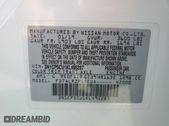2019 Nissan Kicks S z VIN 3N1CP5CU1KL495287, wystawiony jako Copart lot #55803885 z przebiegiem 88 530 mil mil oraz Szkoda całkowita • Salvage title. Historia ofert i sprzedaży dostępna na DreamBid. Obrazek 13.