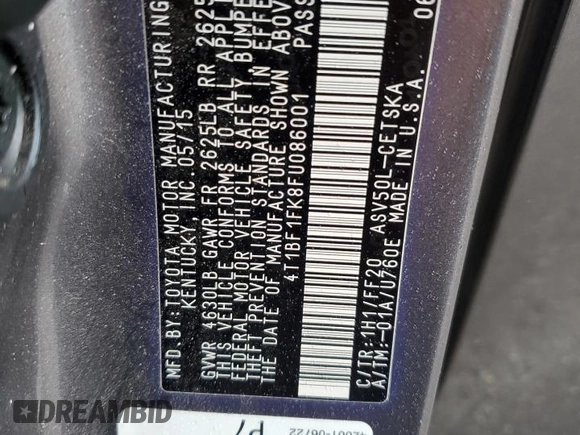 2015 Toyota Camry XLE with VIN 4T1BF1FK8FU086001, listed as a Copart auction lot 55653395 with 78,973 mi miles and Salvage Title. Bid and sale history available at DreamBid. Image 12.