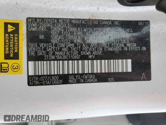 2011 Lexus RX 350 with VIN 2T2BK1BA3BC110897, listed as a Copart auction lot 42112505 with 168,583 mi miles and Salvage Title. Bid and sale history available at DreamBid. Image 12.