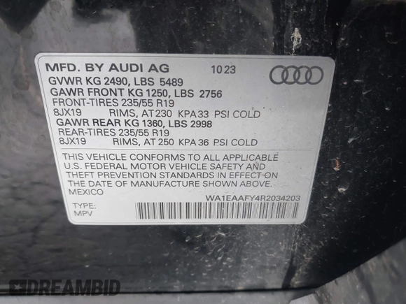 2024 Audi Q5 S line Premium Plus with VIN WA1EAAFY4R2034203, listed as a IAAI auction lot 41788489 with 33,966 mi miles. Bid and sale history available at carsss.com. Image 9.