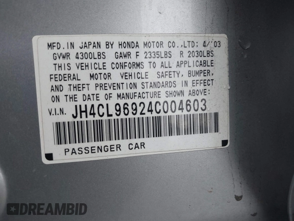 2004 Acura TSX w/Navigation with VIN JH4CL96924C004603, listed as a IAAI auction lot 41621278 with 186,906 mi miles. Bid and sale history available at carsss.com. Image 9.
