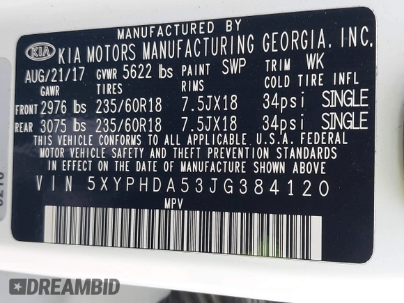 2018 Kia Sorento EX with VIN 5XYPHDA53JG384120, listed as a IAAI auction lot 41657786 with 102,652 mi miles and . Bid and sale history available at carsss.com. Image 9.