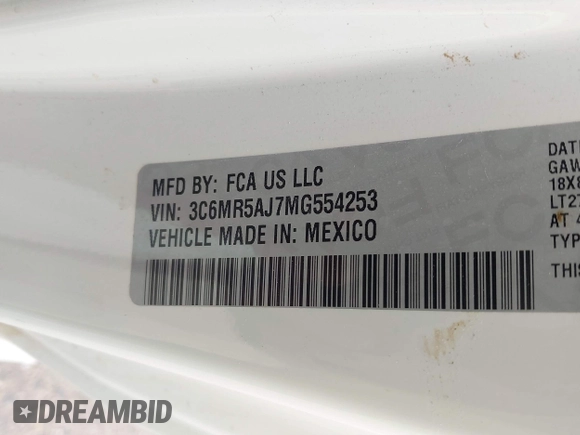 2021 Ram 2500 Tradesman with VIN 3C6MR5AJ7MG554253, listed as a IAAI auction lot 42550185 with 53,137 mi miles and . Bid and sale history available at DreamBid. Image 9.