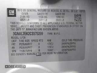 2012 Chevrolet Captiva Sport LS with VIN 3GNAL2EK2CS575299, listed as a IAAI auction lot 42109079 with 137,474 mi miles and . Bid and sale history available at DreamBid. Image 9.