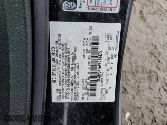2009 Ford Fusion SE with VIN 3FAHP07169R218475, listed as a Copart auction lot 52925885 with 230,989 mi miles and Clean Title. Bid and sale history available at carsss.com. Image 12.