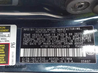 2012 Toyota Camry L z VIN 4T1BF1FK0CU203419, wystawiony jako IAAI lot #42267352 z przebiegiem 73 969 mil mil oraz . Historia ofert i sprzedaży dostępna na DreamBid. Obrazek 9.