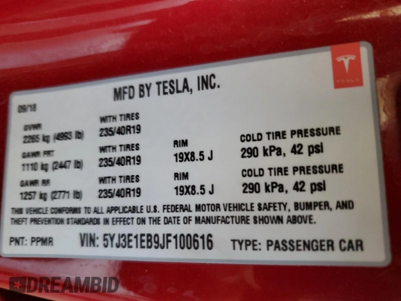 2018 Tesla Model 3 Long Range Battery z VIN 5YJ3E1EB9JF100616, wystawiony jako Copart lot #47430685 z przebiegiem 45 804 mil mil oraz Szkody całkowita. Historia ofert i sprzedaży dostępna na DreamBid. Obrazek 12.