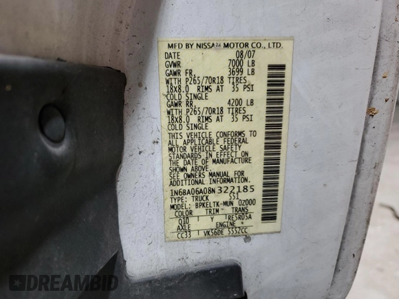 2008 Nissan Titan SE with VIN 1N6BA06A08N322185, listed as a Copart auction lot 83219094 with 133,368 mi miles and Salvage Title. Bid and sale history available at carsss.com. Image 14.