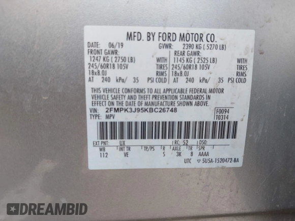 2019 Ford Edge SEL with VIN 2FMPK3J95KBC26748, listed as a IAAI auction lot 42027378 with 72,439 mi miles and . Bid and sale history available at DreamBid. Image 9.