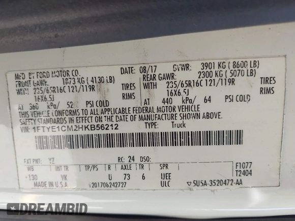 2017 Ford Transit Cargo z VIN 1FTYE1CM2HKB56212, wystawiony jako IAAI lot #42102063 z przebiegiem 174 769 mil mil oraz . Historia ofert i sprzedaży dostępna na DreamBid. Obrazek 9.