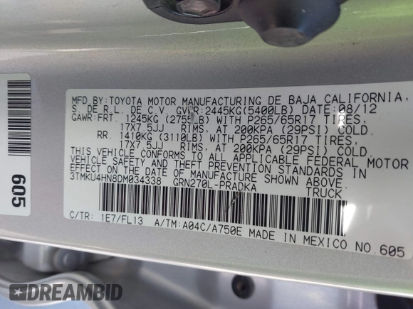 2013 Toyota Tacoma PreRunner with VIN 3TMKU4HN8DM034338, listed as a IAAI auction lot 41808842 with 142,012 mi miles and . Bid and sale history available at DreamBid. Image 9.