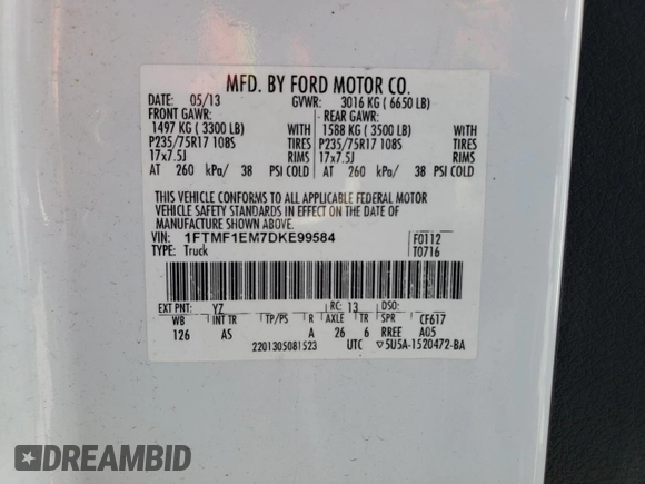 2013 Ford F-150 XL with VIN 1FTMF1EM7DKE99584, listed as a Copart auction lot 52521475 with 104,424 mi miles and Clean Title. Bid and sale history available at carsss.com. Image 12.