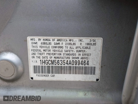 2004 Honda Accord LX z VIN 1HGCM56354A099464, wystawiony jako IAAI lot #42495132 z przebiegiem 174 646 mil mil oraz . Historia ofert i sprzedaży dostępna na DreamBid. Obrazek 9.