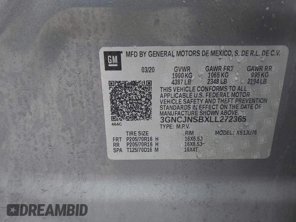 2020 Chevrolet Trax LS z VIN 3GNCJNSBXLL272365, wystawiony jako IAAI lot #40698380 z przebiegiem 39 306 mil mil oraz . Historia ofert i sprzedaży dostępna na DreamBid. Obrazek 9.