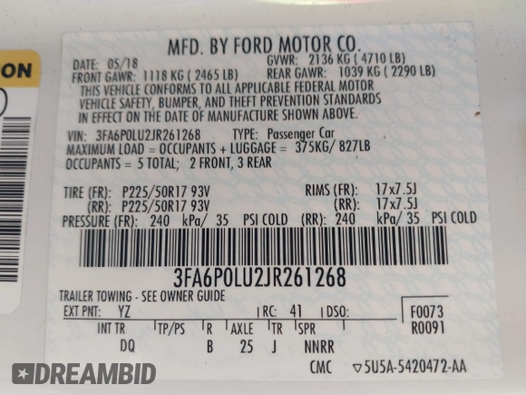 2018 Ford Fusion SE z VIN 3FA6P0LU2JR261268, wystawiony jako IAAI lot #42301578 z przebiegiem 63 357 mil mil oraz . Historia ofert i sprzedaży dostępna na DreamBid. Obrazek 9.