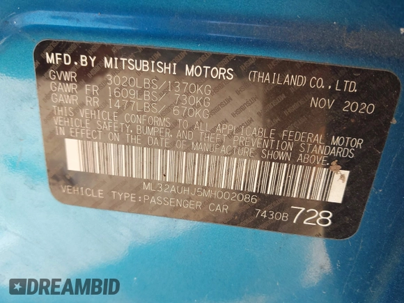 2021 Mitsubishi Mirage ES z VIN ML32AUHJ5MH002086, wystawiony jako IAAI lot #41973394 z przebiegiem 63 010 mil mil oraz . Historia ofert i sprzedaży dostępna na DreamBid. Obrazek 9.