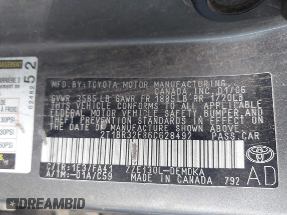 2006 Toyota Corolla CE with VIN 2T1BR32E86C628492, listed as a IAAI auction lot 42070623 with Not Provided miles and . Bid and sale history available at DreamBid. Image 9.