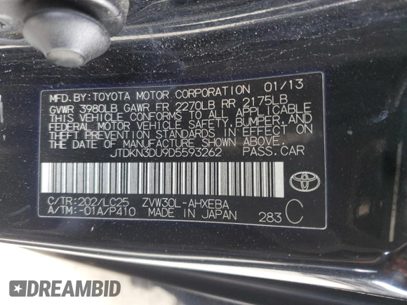 2013 Toyota Prius One with VIN JTDKN3DU9D5593262, listed as a Copart auction lot 44037195 with 128,924 mi miles and Salvage Title. Bid and sale history available at carsss.com. Image 14.