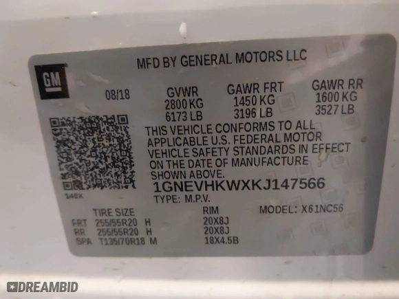 2019 Chevrolet Traverse LT Leather with VIN 1GNEVHKWXKJ147566, listed as a IAAI auction lot 40885257 with 116,690 mi miles. Bid and sale history available at carsss.com. Image 9.