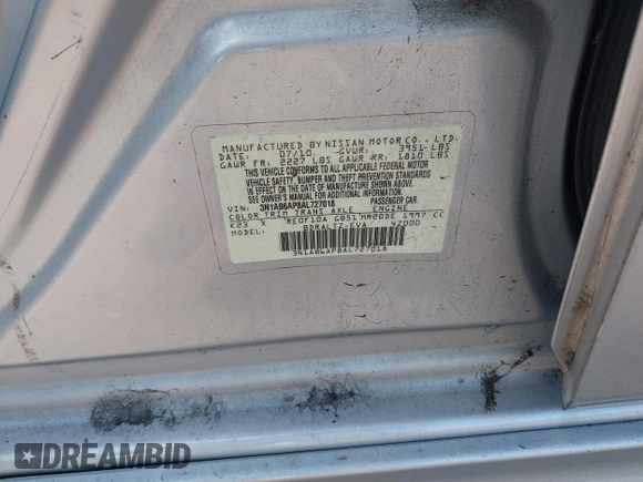 2010 Nissan Sentra SR with VIN 3N1AB6AP8AL727018, listed as a IAAI auction lot 41508459 with 75,989 mi miles and . Bid and sale history available at DreamBid. Image 9.