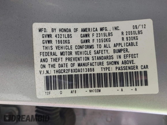 2013 Honda Accord Sdn EX-L with VIN 1HGCR2F8XDA013898, listed as a IAAI auction lot 42026046 with 165,679 mi miles. Bid and sale history available at carsss.com. Image 9.