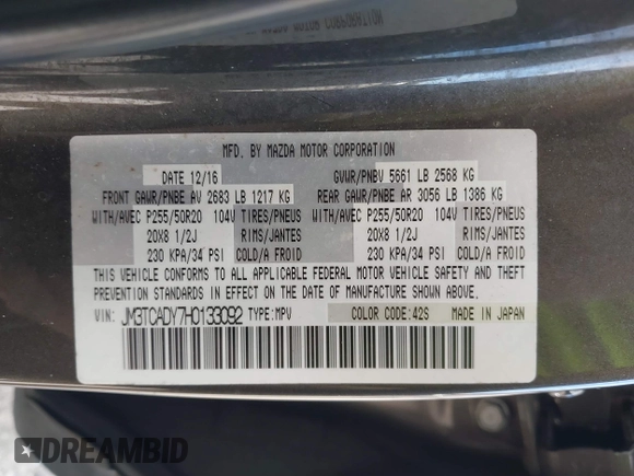 2017 Mazda CX-9 Grand Touring with VIN JM3TCADY7H0133092, listed as a IAAI auction lot 41133652 with 233,454 mi miles and . Bid and sale history available at DreamBid. Image 9.
