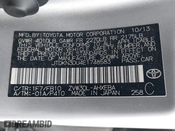 2014 Toyota Prius Four with VIN JTDKN3DU4E1748583, listed as a IAAI auction lot 42044872 with 215,032 mi miles. Bid and sale history available at carsss.com. Image 9.