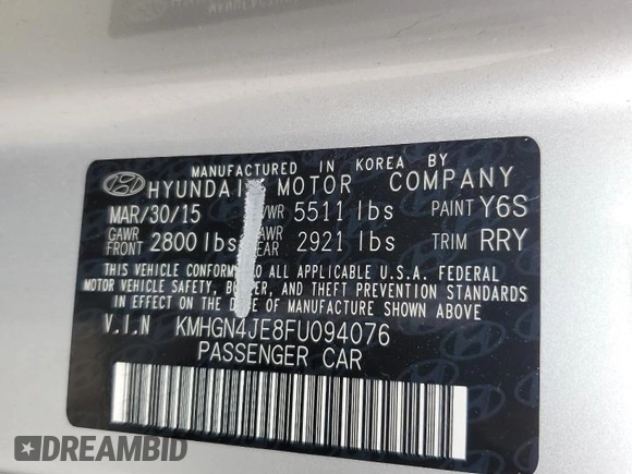2015 Hyundai Genesis 3.8L with VIN KMHGN4JE8FU094076, listed as a Copart auction lot 70965694 with 90,767 mi miles and Clean Title. Bid and sale history available at carsss.com. Image 12.