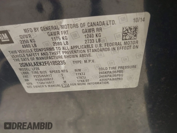 2015 Chevrolet Equinox LS with VIN 2GNALAEK2F6185235, listed as a IAAI auction lot 42184864 with 171,720 mi miles and . Bid and sale history available at DreamBid. Image 9.
