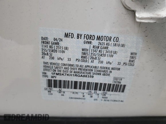2024 Ford Explorer ST-Line with VIN 1FMSK7KH1RGA88359, listed as a Copart auction lot 52801025 with 7,799 mi miles and Salvage Title. Bid and sale history available at carsss.com. Image 15.