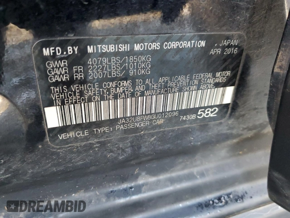 2016 Mitsubishi Lancer GT with VIN JA32U8FW8GU012096, listed as a Copart auction lot 43469075 with 77,115 mi miles and Salvage Title. Bid and sale history available at carsss.com. Image 14.