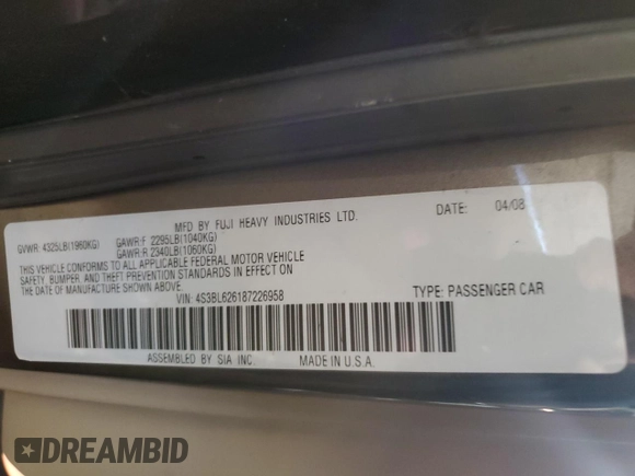 2008 Subaru Legacy Limited with VIN 4S3BL626187226958, listed as a Copart auction lot 65998765 with 135,173 mi miles and Clean title. Bid and sale history available at DreamBid. Image 12.