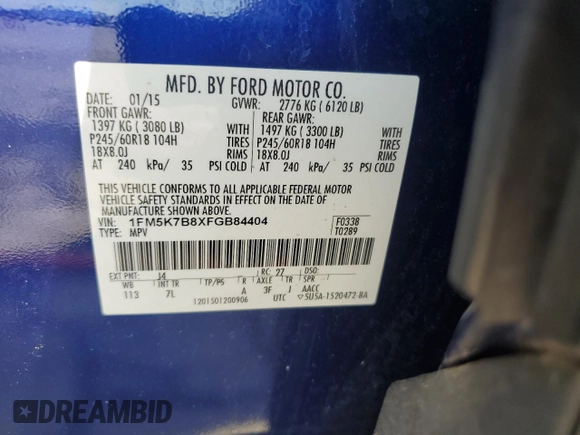 2015 Ford Explorer с VIN 1FM5K7B8XFGB84404, выставлен на аукционе Copart как лот 62275515 с пробегом 201 896 миль миль и Чистый • Clean title. История ставок и продаж доступна на DreamBid. Изображение 13.