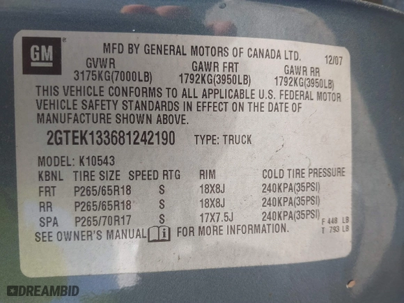 2008 GMC Sierra 1500 Work Truck with VIN 2GTEK133681242190, listed as a IAAI auction lot 41784934 with 394,088 mi miles. Bid and sale history available at carsss.com. Image 9.