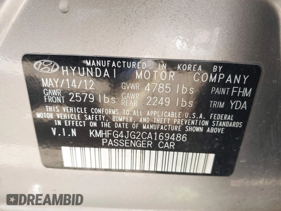 2012 Hyundai Azera с VIN KMHFG4JG2CA169486, выставлен на аукционе IAAI как лот 41719929 с пробегом 166 496 миль миль и . История ставок и продаж доступна на DreamBid. Изображение 9.