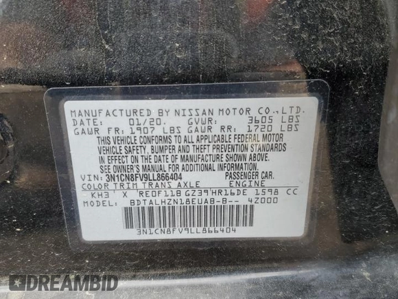 2020 Nissan Versa SR with VIN 3N1CN8FV9LL866404, listed as a Copart auction lot 50380165 with Not provided miles and Salvage title. Bid and sale history available at DreamBid. Image 14.