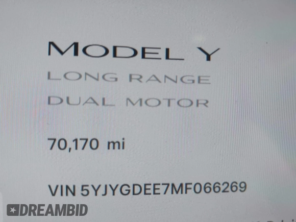 2021 Tesla Model Y Long Range with VIN 5YJYGDEE7MF066269, listed as a IAAI auction lot 42170970 with 70,170 mi miles. Bid and sale history available at carsss.com. Image 15.