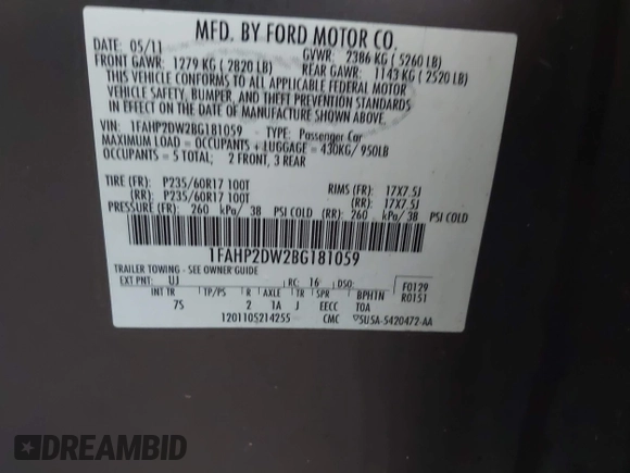 2011 Ford Taurus SE with VIN 1FAHP2DW2BG181059, listed as a IAAI auction lot 42036867 with 103,394 mi miles. Bid and sale history available at carsss.com. Image 9.