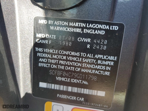 2009 Aston Martin Vantage with VIN SCFBF04C79GD11798, listed as a Copart auction lot 54246465 with 0 mi miles and Clean Title. Bid and sale history available at carsss.com. Image 12.