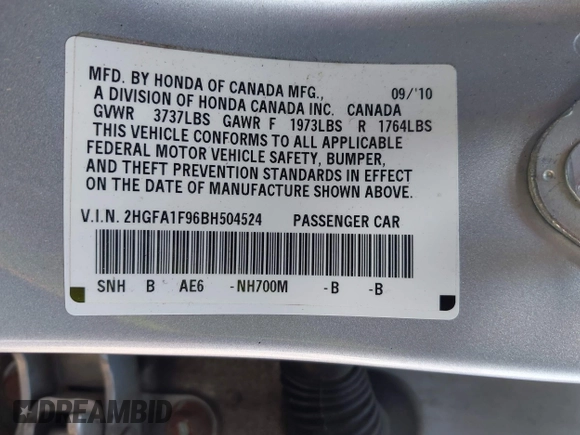 2011 Honda Civic EX-L with VIN 2HGFA1F96BH504524, listed as a IAAI auction lot 42091146 with 92,670 mi miles and . Bid and sale history available at DreamBid. Image 9.