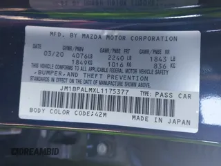 2020 Mazda Mazda3 Hatchback with VIN JM1BPALMXL1175377, listed as a IAAI auction lot 41313976 with 54,592 mi miles. Bid and sale history available at carsss.com. Image 9.