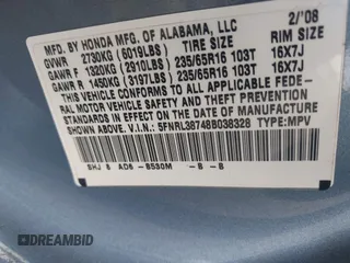 2008 Honda Odyssey EX-L with VIN 5FNRL38748B038328, listed as a IAAI auction lot 42028968 with 243,185 mi miles. Bid and sale history available at carsss.com. Image 9.