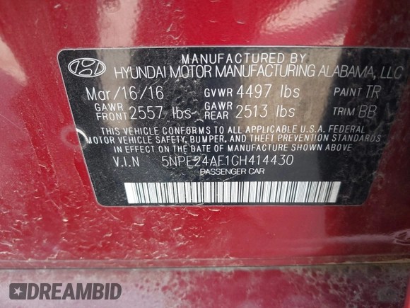2016 Hyundai Sonata SE with VIN 5NPE24AF1GH414430, listed as a IAAI auction lot 41810672 with 137,187 mi miles and . Bid and sale history available at carsss.com. Image 9.