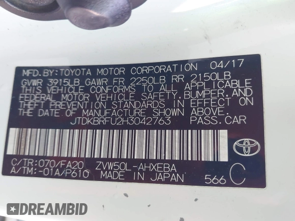 2017 Toyota Prius Two with VIN JTDKBRFU2H3042763, listed as a IAAI auction lot 41946566 with 199,877 mi miles. Bid and sale history available at carsss.com. Image 9.