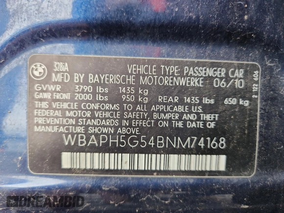 2011 BMW 3 Series 328i with VIN WBAPH5G54BNM74168, listed as a Copart auction lot 65030385 with 104,486 mi miles and Clean title. Bid and sale history available at DreamBid. Image 12.