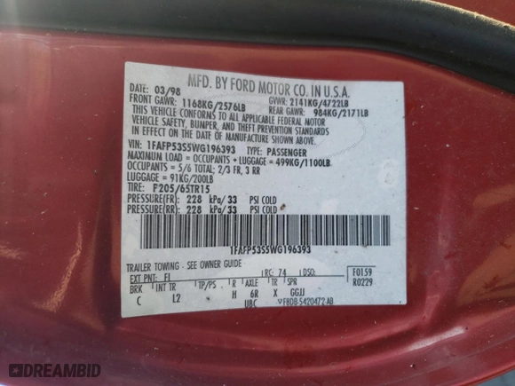1998 Ford Taurus SE Comfort with VIN 1FAFP53S5WG196393, listed as a Copart auction lot 42568505 with 165,806 mi miles and Salvage Title. Bid and sale history available at carsss.com. Image 13.