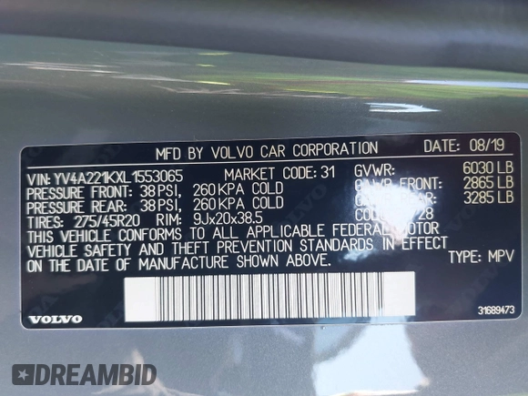 2020 Volvo XC90 Momentum with VIN YV4A221KXL1553065, listed as a IAAI auction lot 42180363 with 34,056 mi miles and . Bid and sale history available at DreamBid. Image 9.