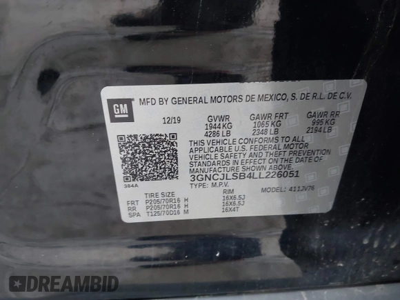 2020 Chevrolet Trax LT z VIN 3GNCJLSB4LL226051, wystawiony jako IAAI lot #41902220 z przebiegiem Nie podano mil oraz . Historia ofert i sprzedaży dostępna na DreamBid. Obrazek 9.