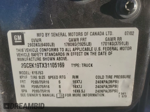 2003 Chevrolet Silverado 1500 with VIN 2GCEK19TX31105169, listed as a Copart auction lot 85655784 with 137,671 mi miles and Salvage Title. Bid and sale history available at carsss.com. Image 12.