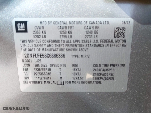 2012 Chevrolet Equinox LTZ with VIN 2GNFLFE58C6386386, listed as a IAAI auction lot 41598285 with 125,995 mi miles. Bid and sale history available at carsss.com. Image 9.
